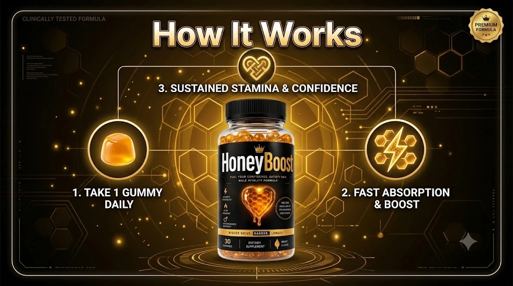 How HoneyBoost works: take your gummies, then fast absorption and a steady boost